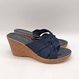 Italian Shoemakers Navy Blue Triple Strap Wedge Women's 7M Slip On Espadrille